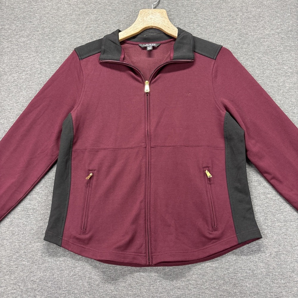 Ralph Lauren Black Label Jacket Womens XL‎ Burgundy Black Full Zip Gold Hardware
